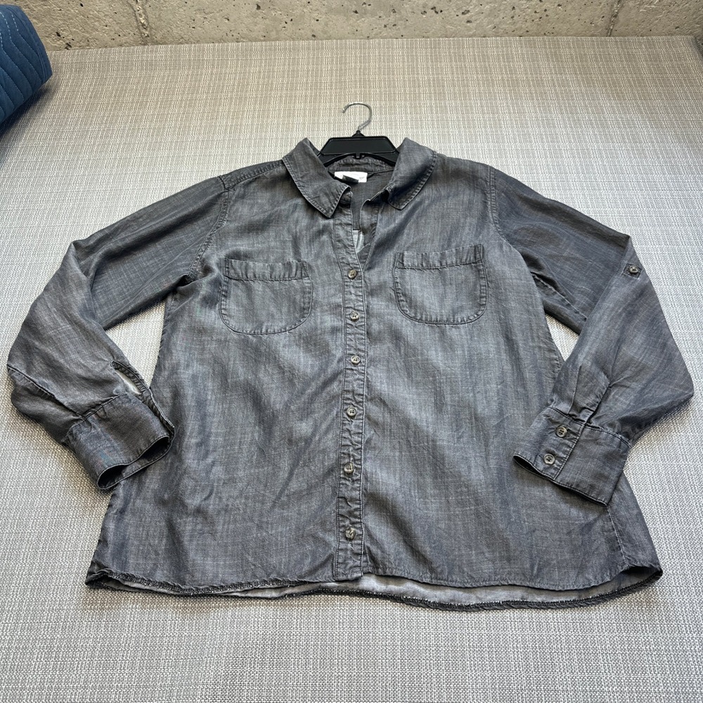 Soft Surroundings Tencel Button Down Top Medium Shirt Gray Relaxed Coastal